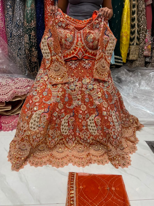 Rust Orange Peacock Crop Top Lehenga