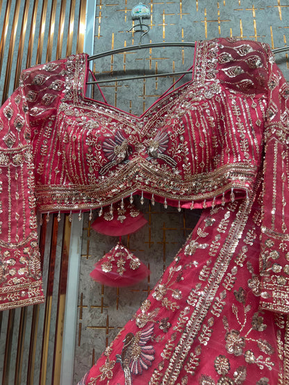 Pink Peacock Crop Top Lehenga