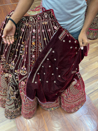 Dark Maroon Peacock Designer ball Bridal Lehenga