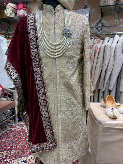 Ivory beige golden maroon sherwani