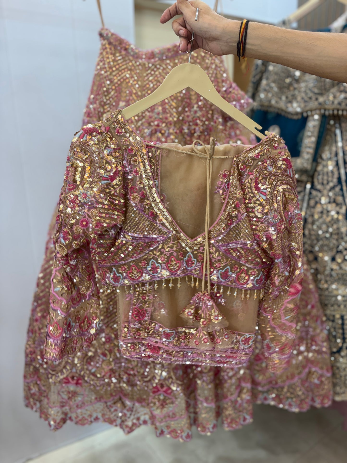 Stunning beige pink beads crop top Lehenga