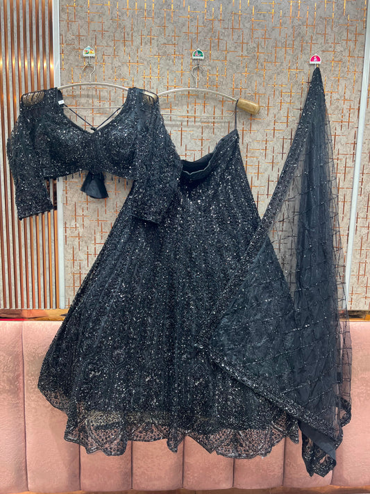 Black on Black Monotone Crop Top Lehenga