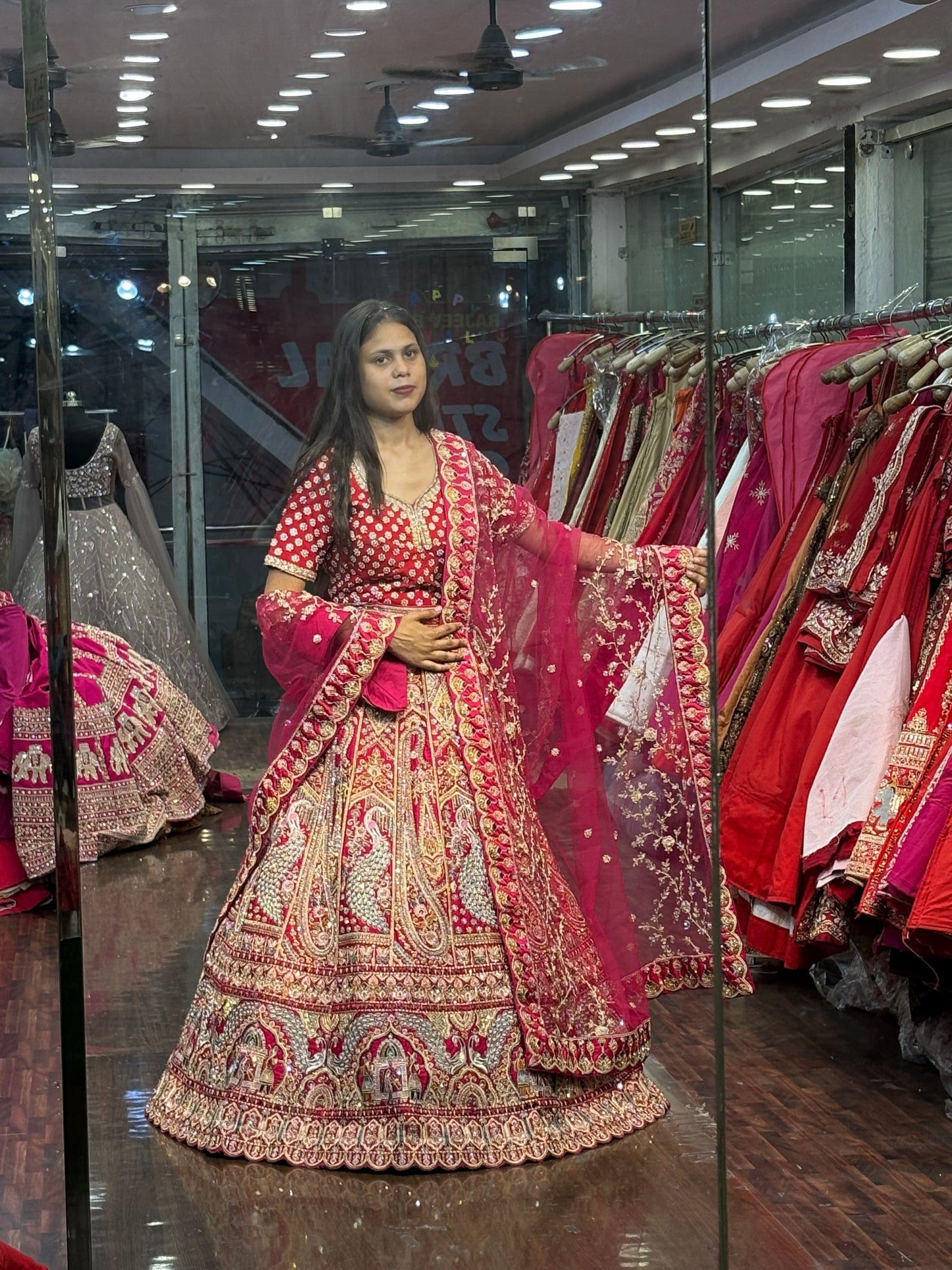 Glamorous red rani pink peacock bridal Lehenga
