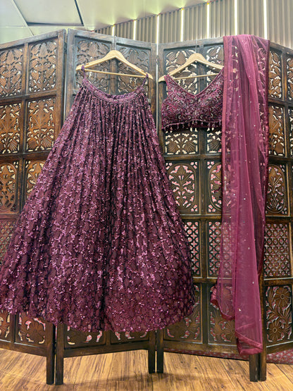 Embellished wine purple violet crop top Lehenga