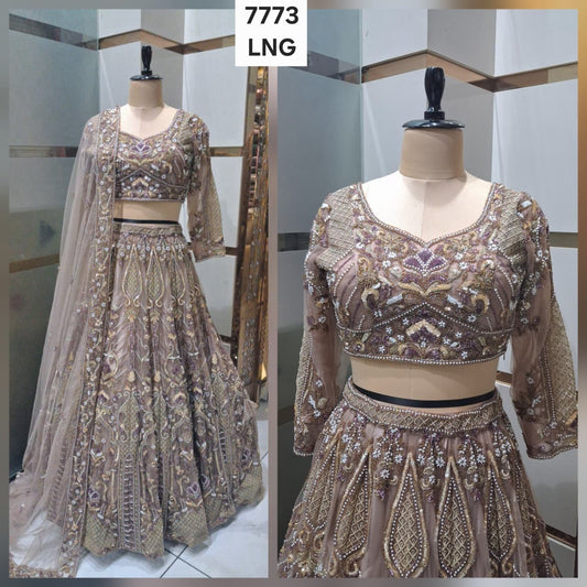 Glamorous Beige peach 16 kali Handwork Crop Top Lehenga