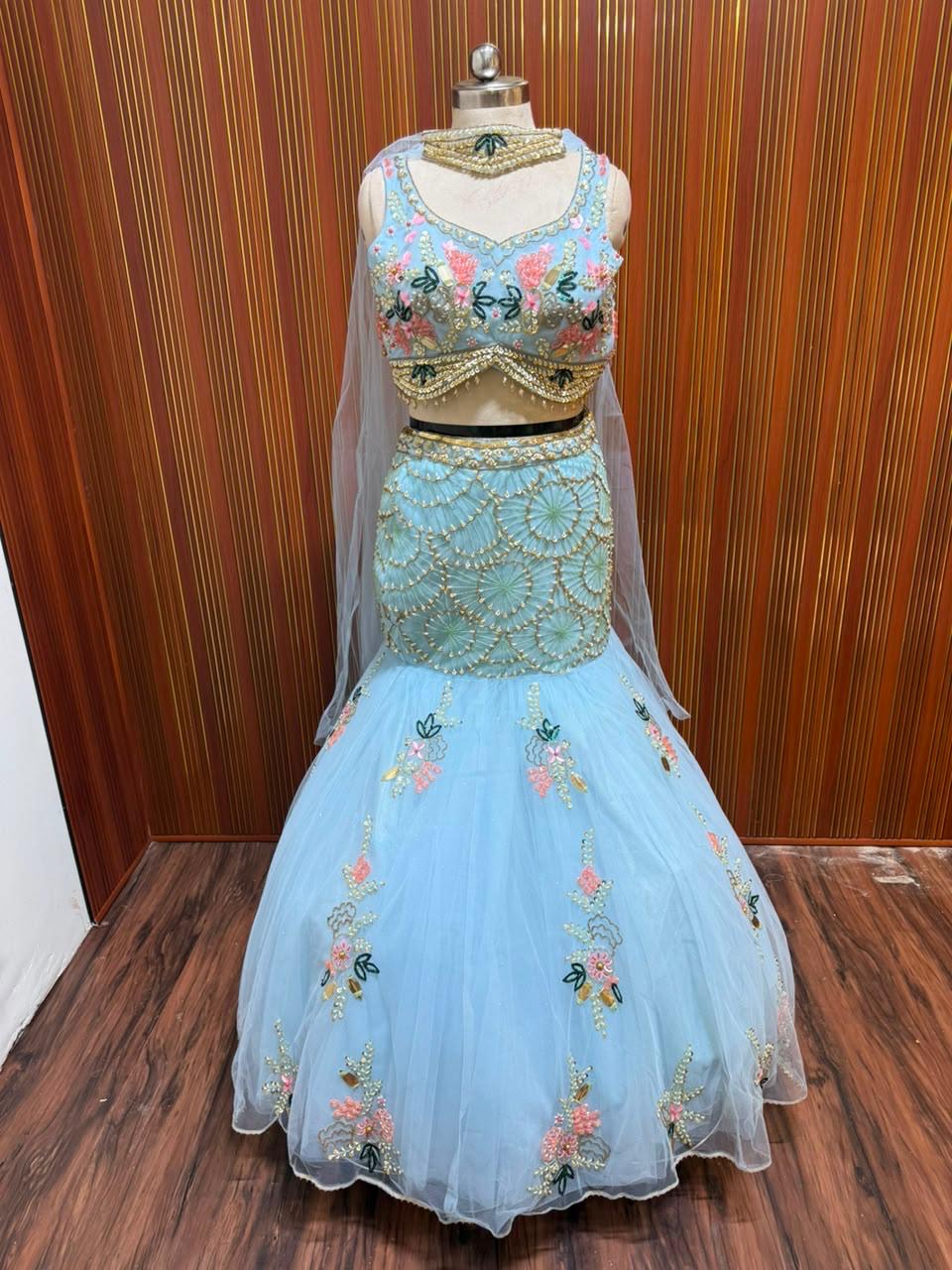 Blue pink white fish cut crop top Lehenga