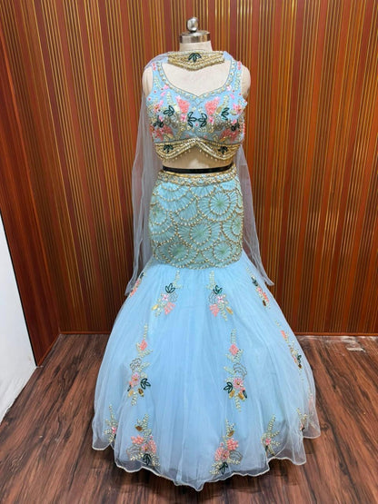 Blue pink white fish cut crop top Lehenga