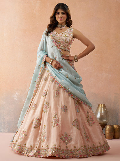 Peach copper- Tissue Sequined & Zari Embroidered Lehenga 6132
