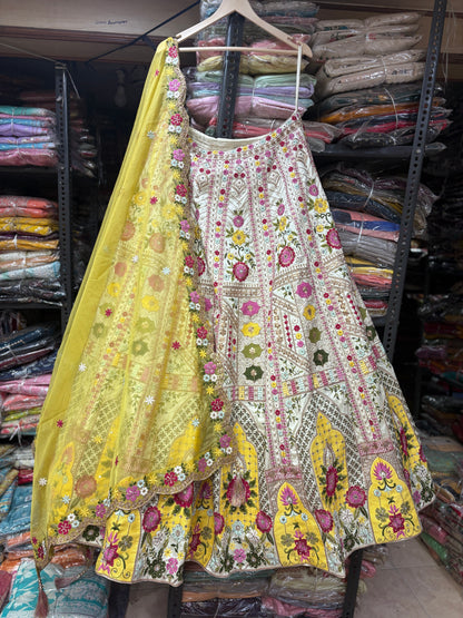 Lovely yellow White Crop Top Lehenga