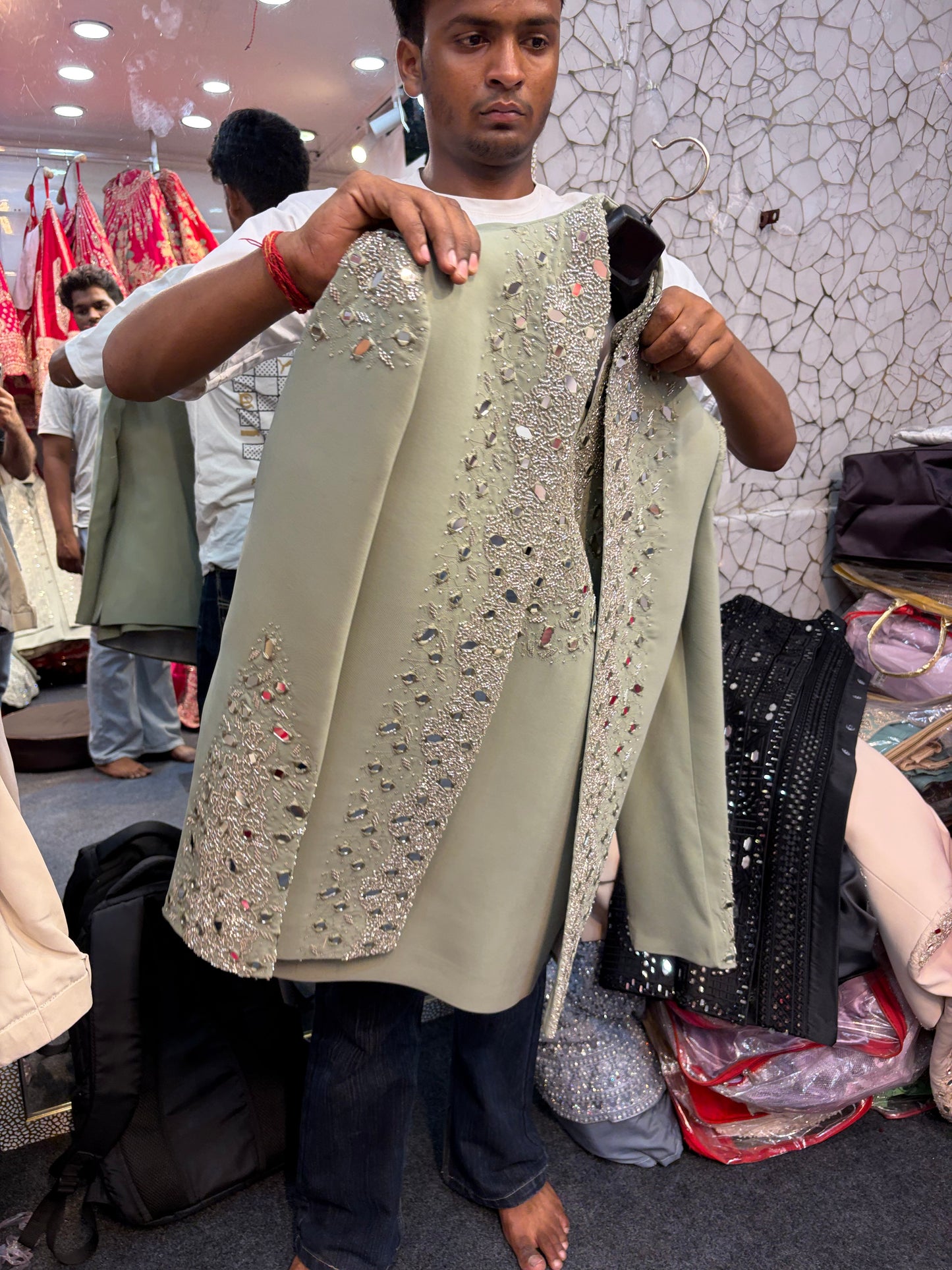 Pista Green Mirror Work Indo western Jodhpuri Mens Wear