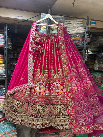 Pleasing Red Rani Pink Doli Barat Ball Bridal Lehenga