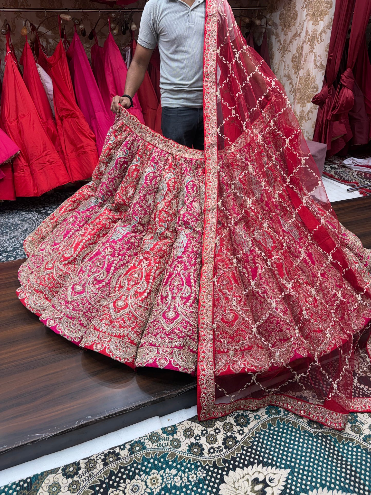 Rani pink red orange Peacock Multikali Ball Bridal Lehenga