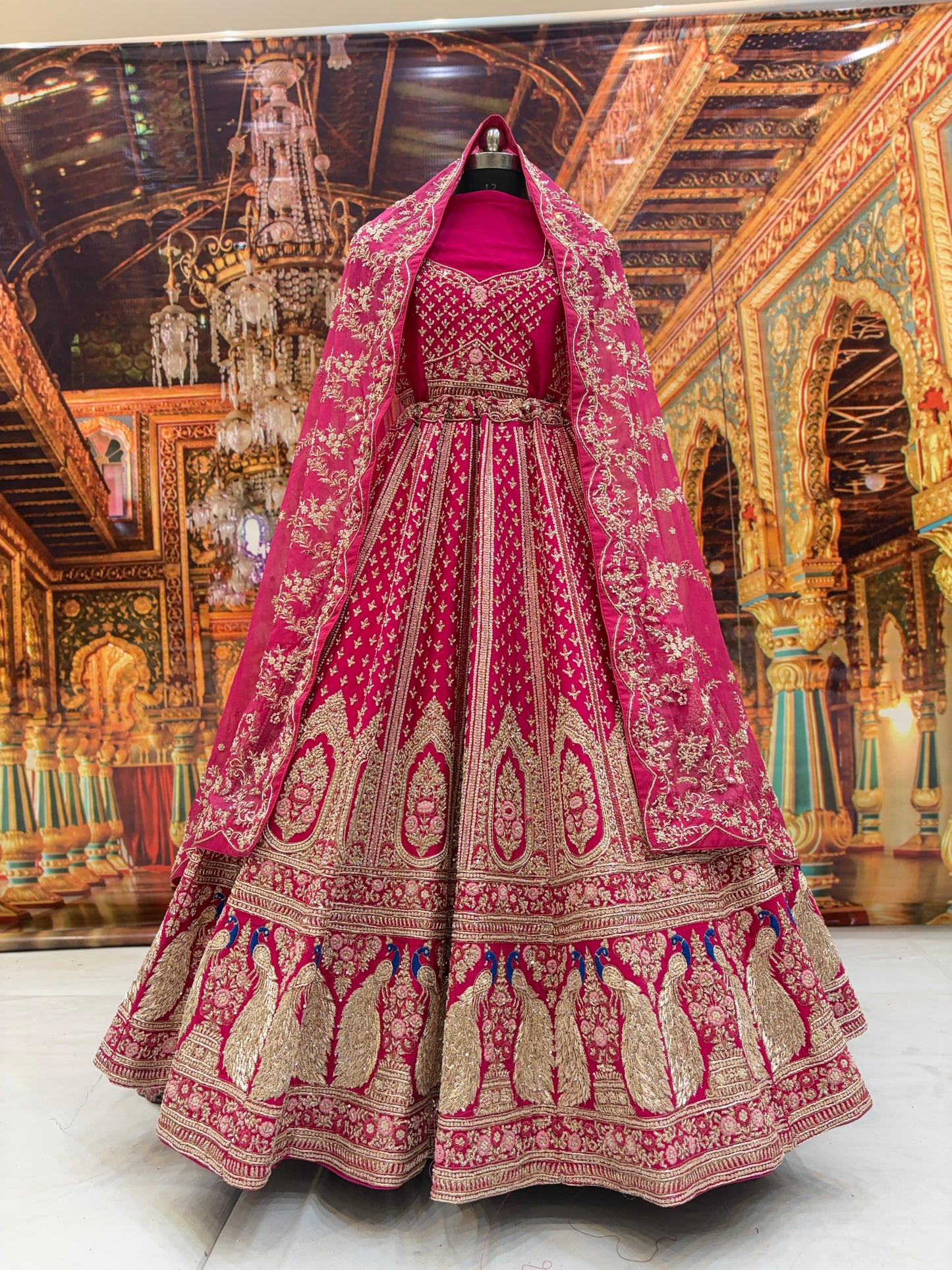 Eye catching rani pink peacock pure handwork heavy bridal Lehenga