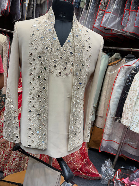 baby pink beige gold Mirror Work Indo western Mens Wear