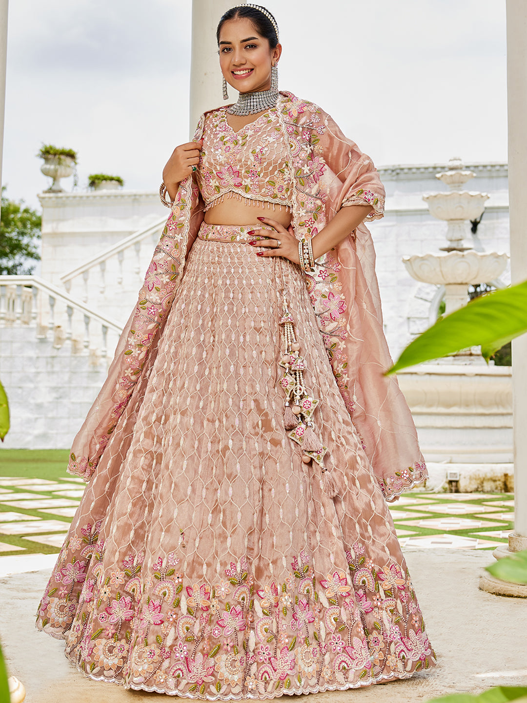 Peach pink Satin Silk Fabric Sequins Embroidered Ready to Wear Crop top Lehenga Choli & Dupatta
