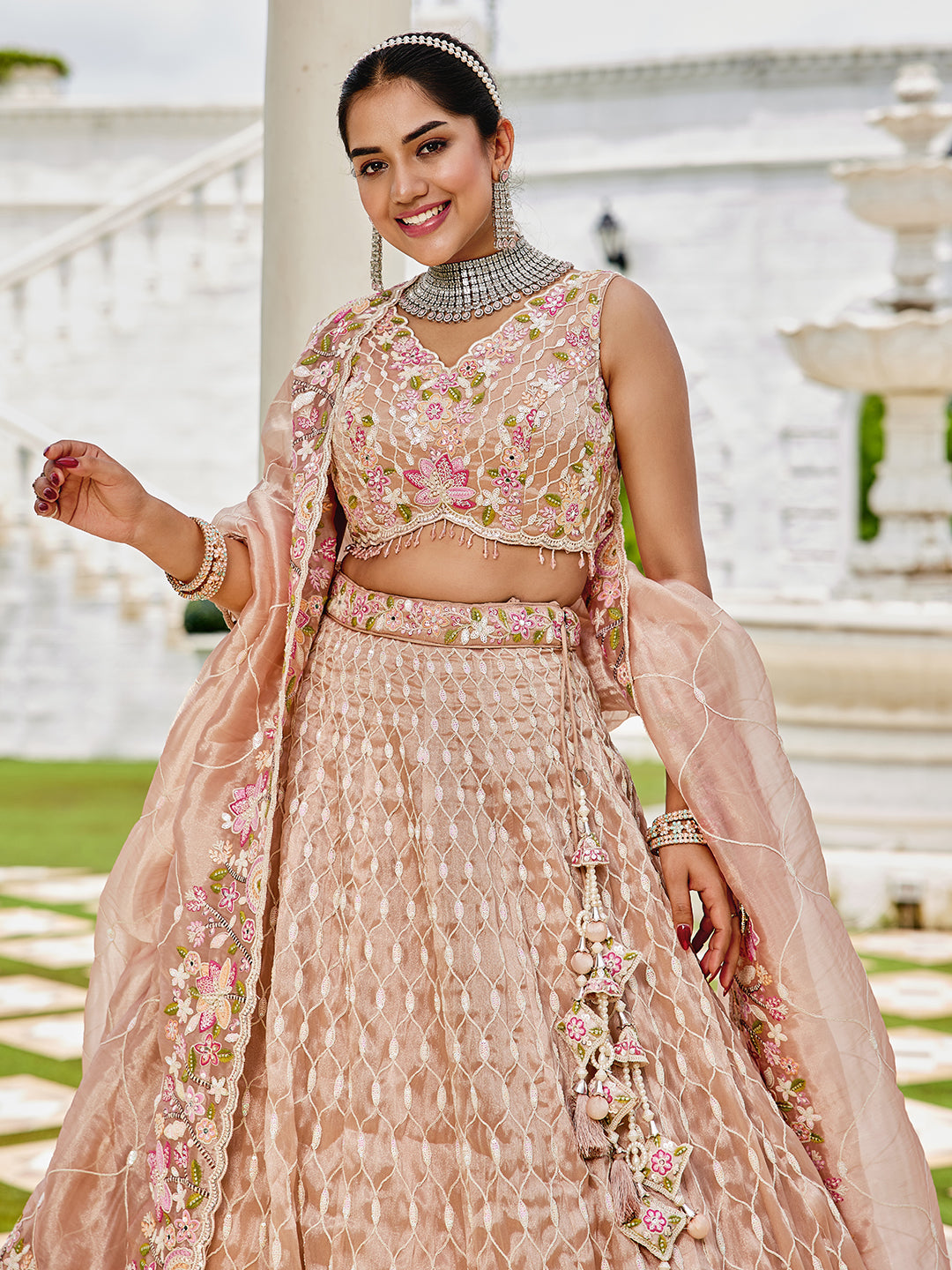 Peach pink Satin Silk Fabric Sequins Embroidered Ready to Wear Crop top Lehenga Choli & Dupatta