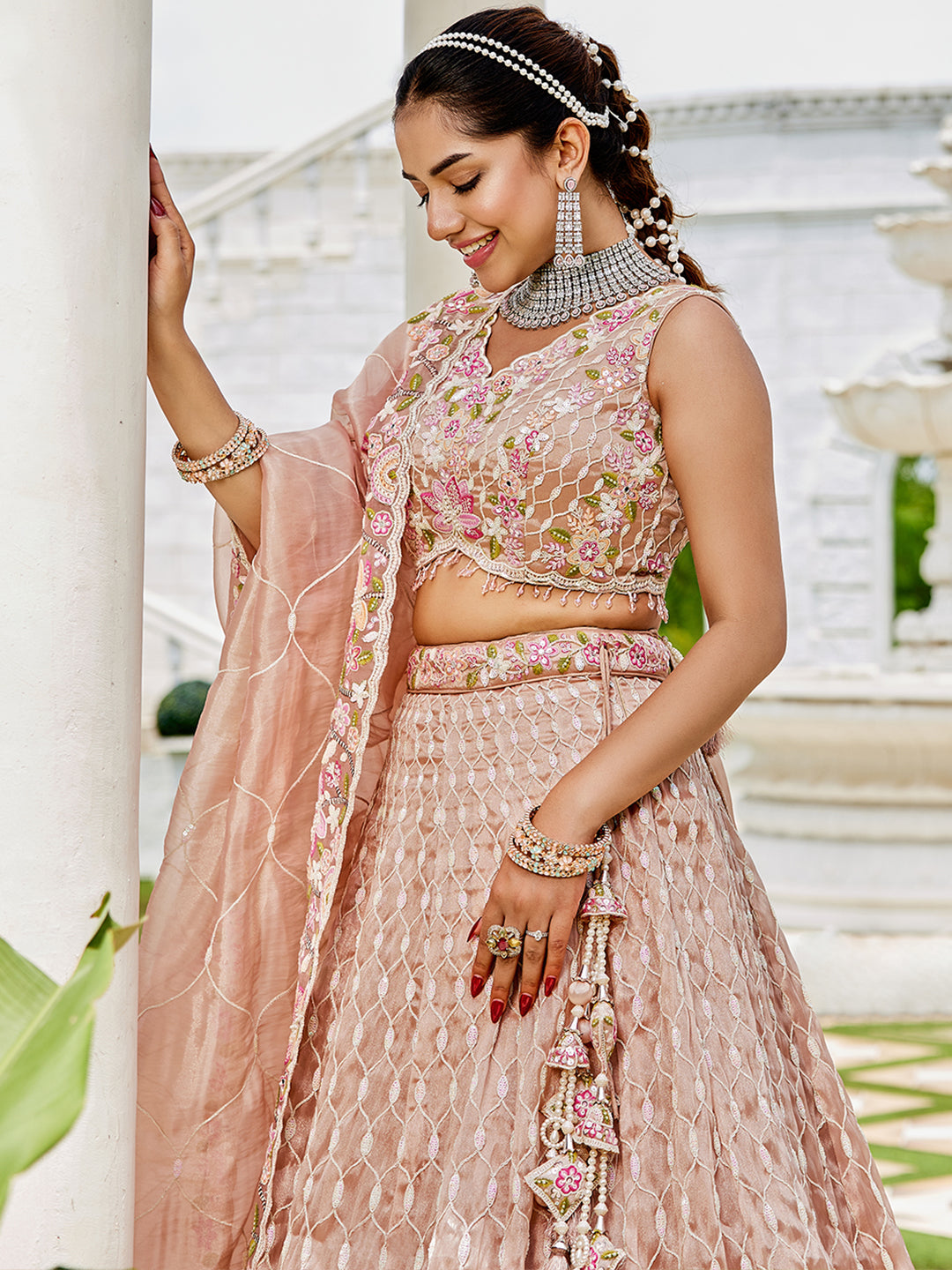 Peach pink Satin Silk Fabric Sequins Embroidered Ready to Wear Crop top Lehenga Choli & Dupatta