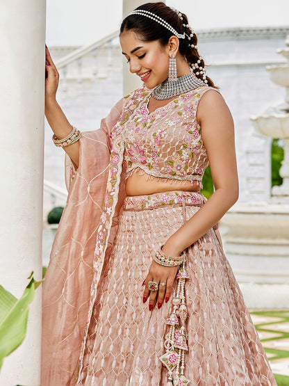 Peach pink Satin Silk Fabric Sequins Embroidered Ready to Wear Crop top Lehenga Choli & Dupatta