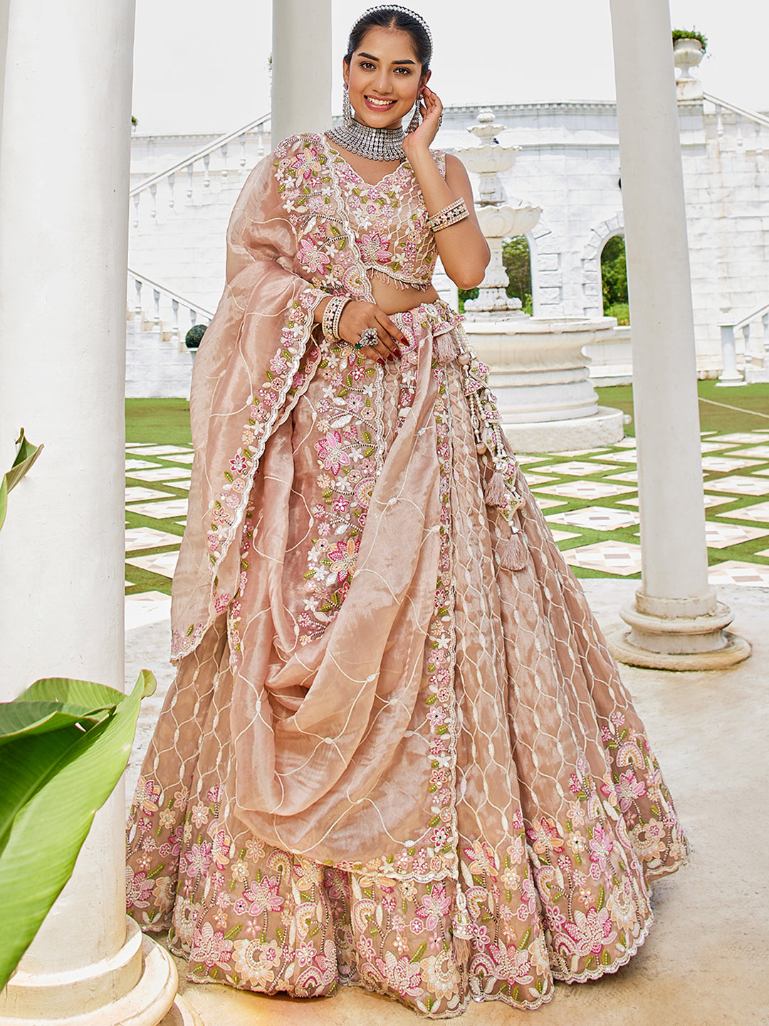 Peach pink Satin Silk Fabric Sequins Embroidered Ready to Wear Crop top Lehenga Choli & Dupatta