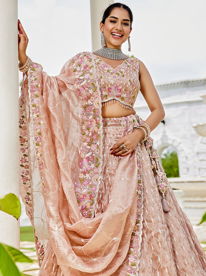 Peach pink Satin Silk Fabric Sequins Embroidered Ready to Wear Crop top Lehenga Choli & Dupatta