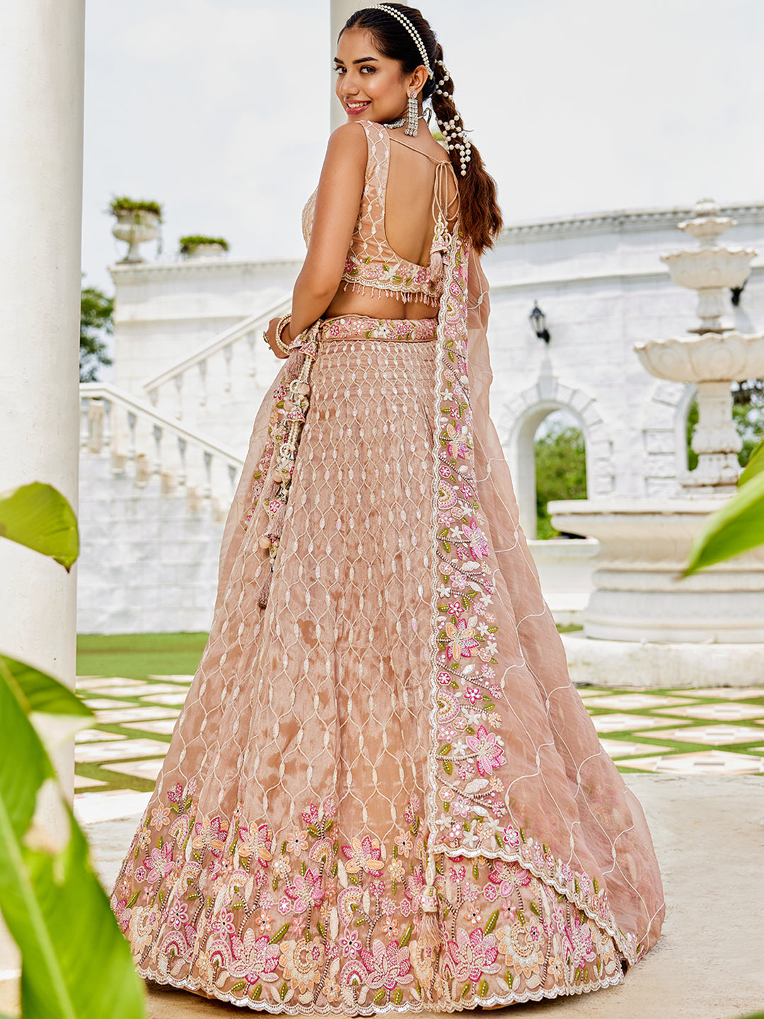 Peach pink Satin Silk Fabric Sequins Embroidered Ready to Wear Crop top Lehenga Choli & Dupatta