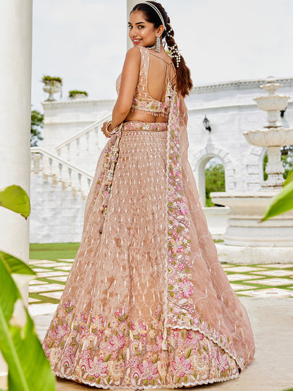 Peach pink Satin Silk Fabric Sequins Embroidered Ready to Wear Crop top Lehenga Choli & Dupatta
