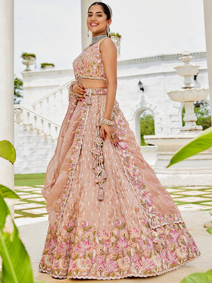 Peach pink Satin Silk Fabric Sequins Embroidered Ready to Wear Crop top Lehenga Choli & Dupatta