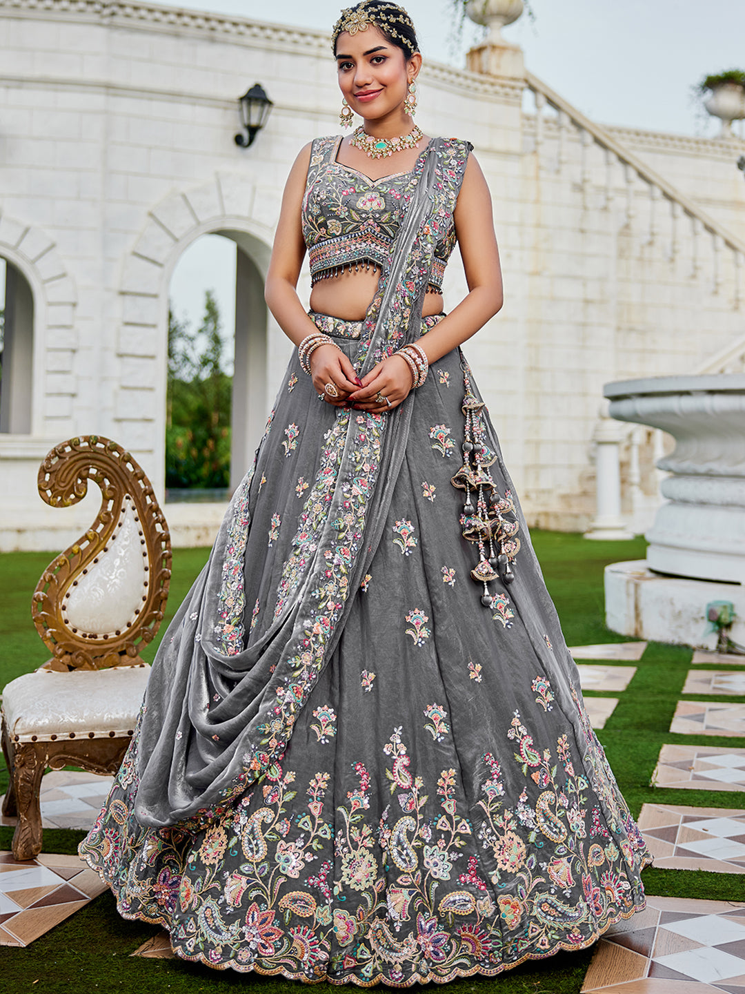 Green- Tissue Fabric Sequins Embroidered Ready to Wear crop top lehenga Choli & Dupatta