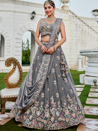 Green- Tissue Fabric Sequins Embroidered Ready to Wear crop top lehenga Choli & Dupatta