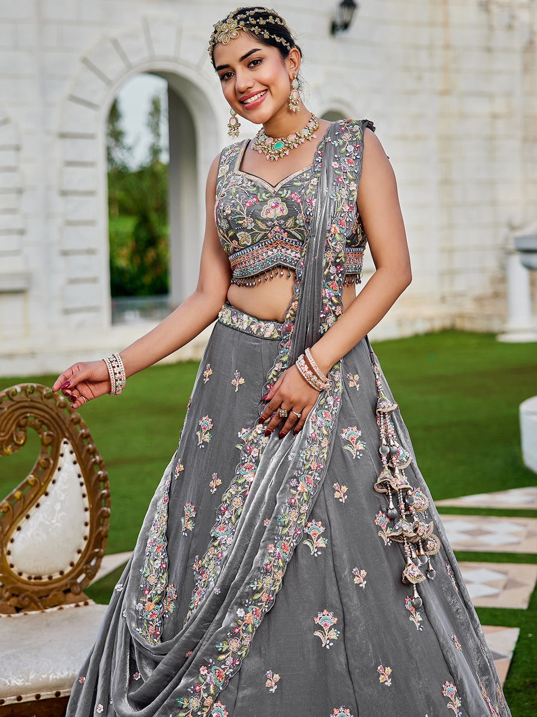 Green- Tissue Fabric Sequins Embroidered Ready to Wear crop top lehenga Choli & Dupatta