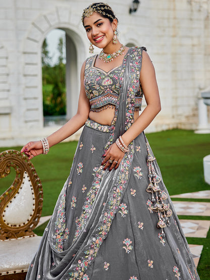 Green- Tissue Fabric Sequins Embroidered Ready to Wear crop top lehenga Choli & Dupatta