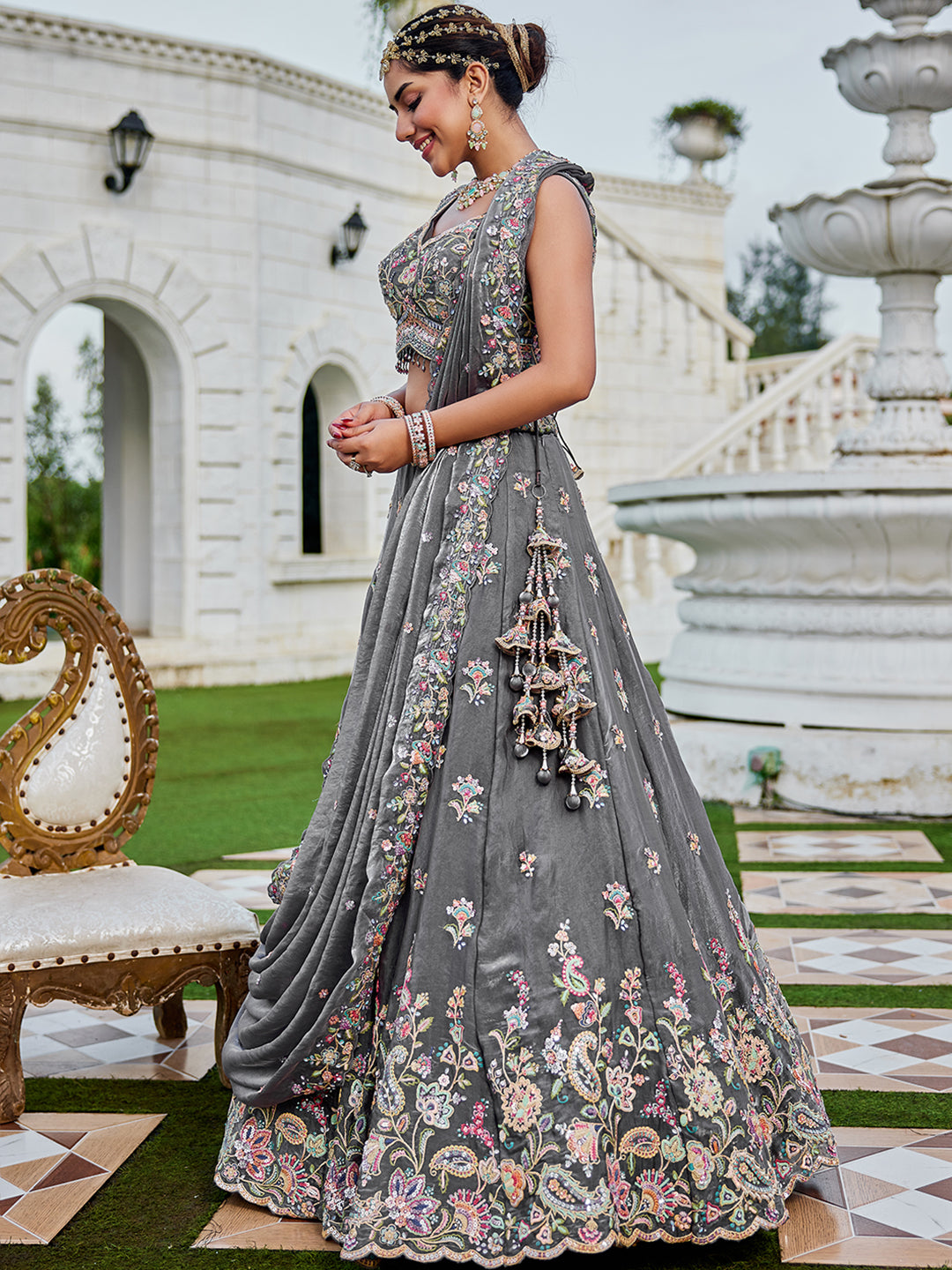 Green- Tissue Fabric Sequins Embroidered Ready to Wear crop top lehenga Choli & Dupatta