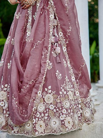 Pink Lavender- Organza Fabric Beads & Sequence Embroidered Ready to Wear crop top lehenga Choli & Dupatta