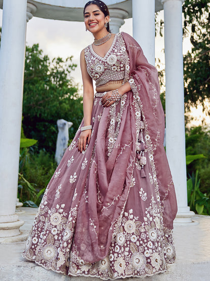 Pink Lavender- Organza Fabric Beads & Sequence Embroidered Ready to Wear crop top lehenga Choli & Dupatta