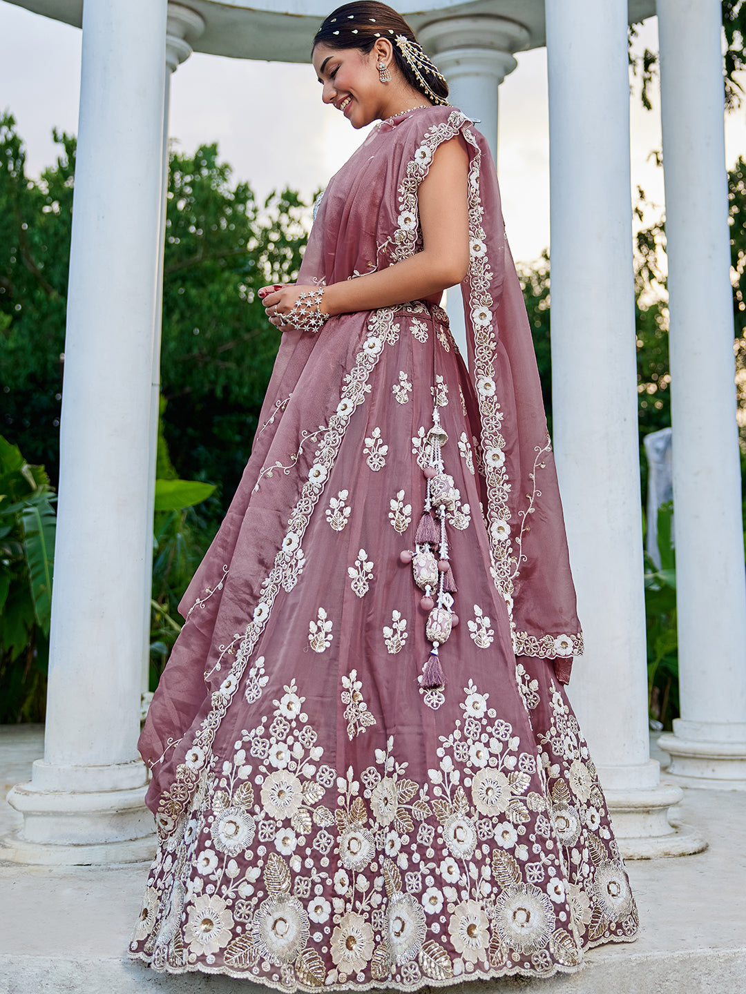 Pink Lavender- Organza Fabric Beads & Sequence Embroidered Ready to Wear crop top lehenga Choli & Dupatta