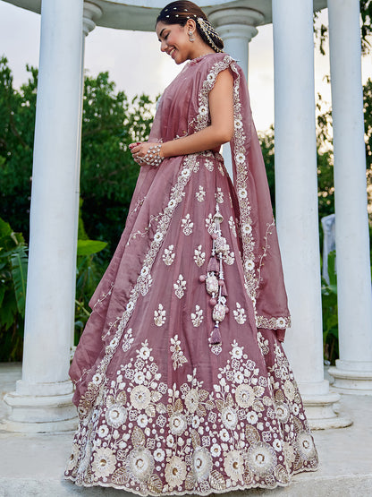 Pink Lavender- Organza Fabric Beads & Sequence Embroidered Ready to Wear crop top lehenga Choli & Dupatta