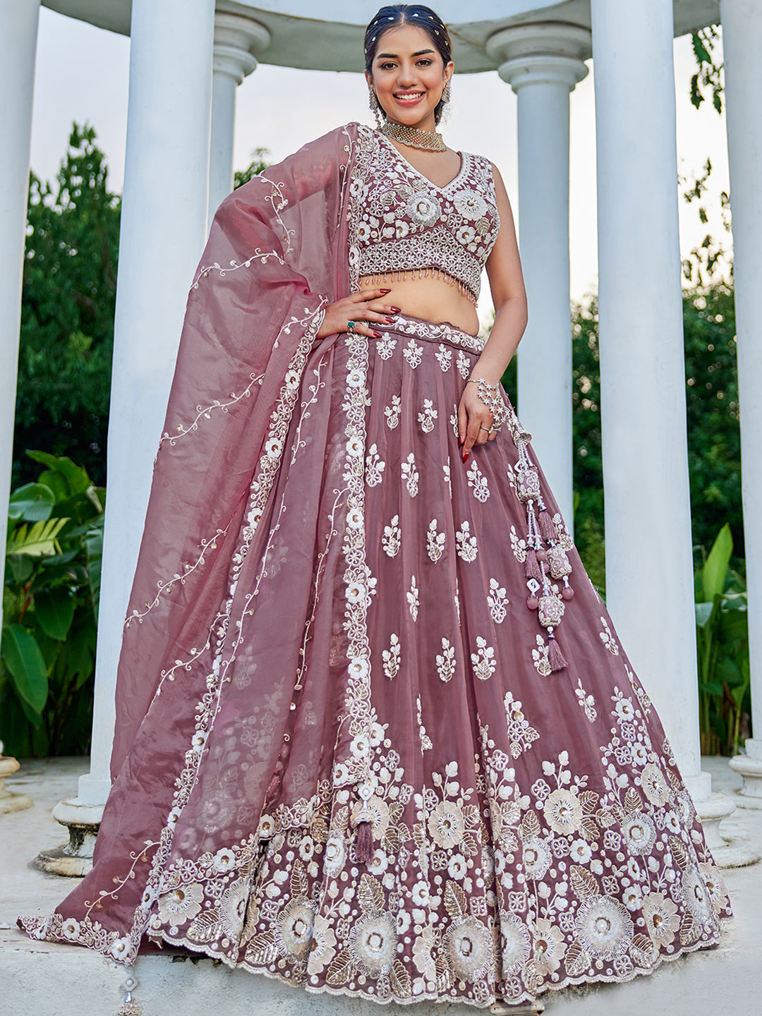Pink Lavender- Organza Fabric Beads & Sequence Embroidered Ready to Wear crop top lehenga Choli & Dupatta