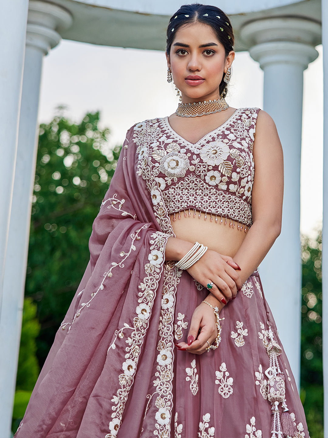Pink Lavender- Organza Fabric Beads & Sequence Embroidered Ready to Wear crop top lehenga Choli & Dupatta