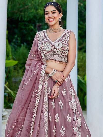Pink Lavender- Organza Fabric Beads & Sequence Embroidered Ready to Wear crop top lehenga Choli & Dupatta