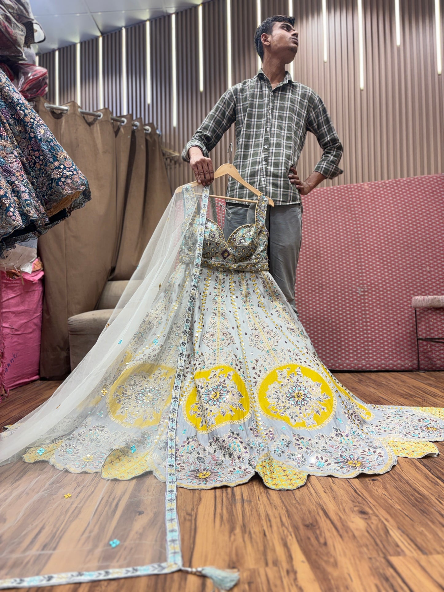 Stunning blue yellow crop top Lehenga
