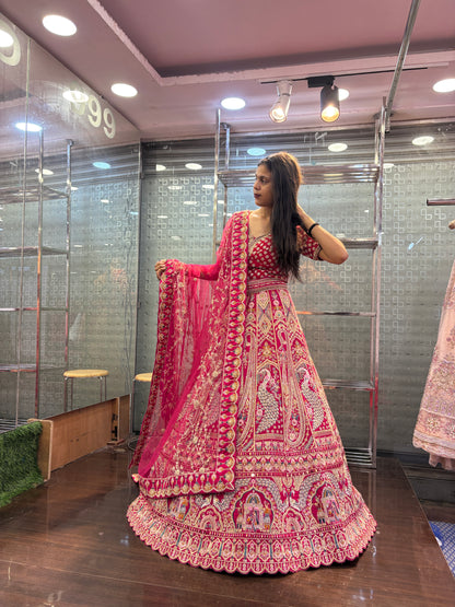 Glamorous red rani pink peacock bridal Lehenga