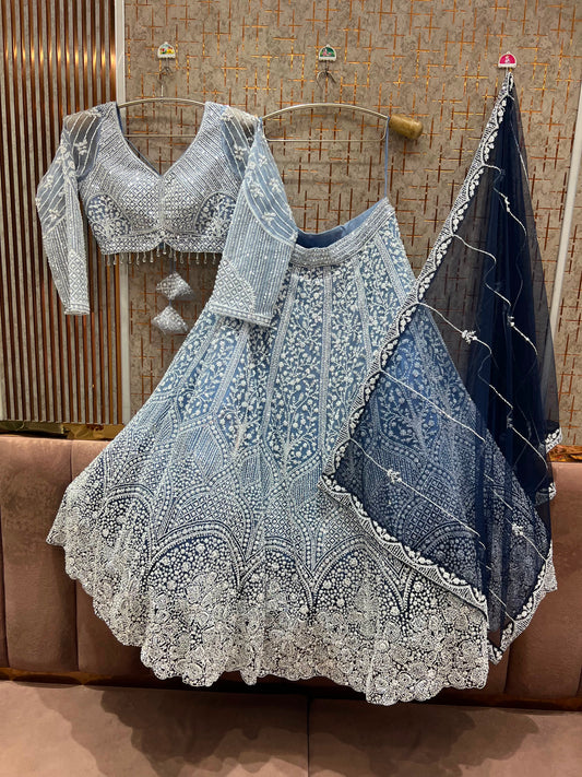 Sky Blue White Double Shade Crop Top Lehenga