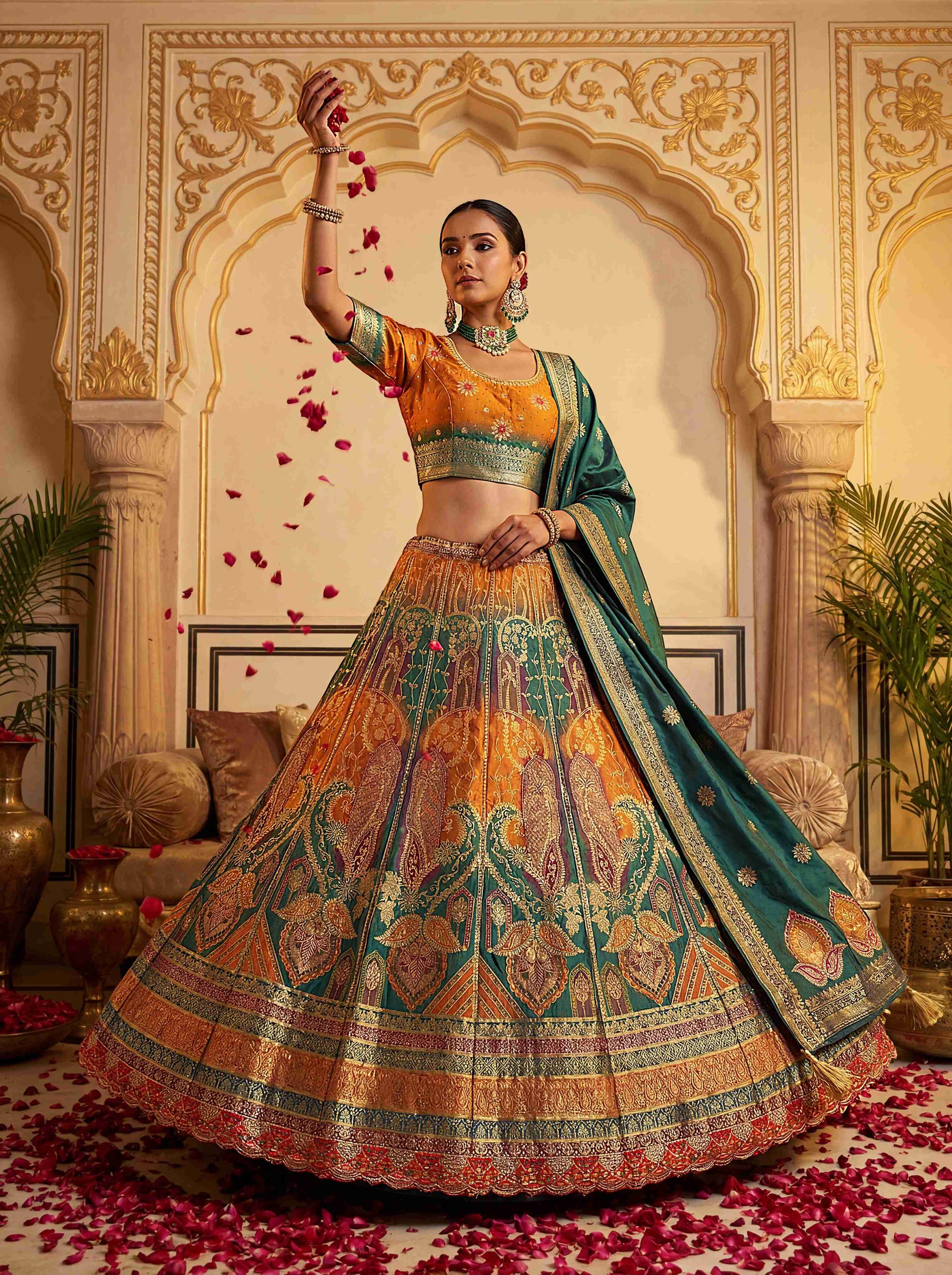 Premium Blue & Yellow Banarasi Silk Fabric Lehenga 1272 - Shopping World