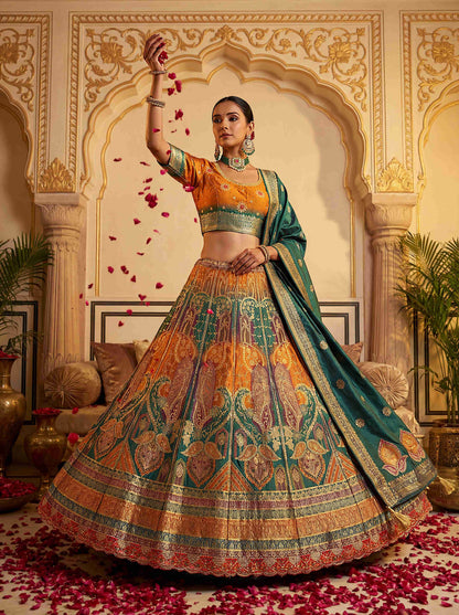 Premium Blue & Yellow Banarasi Silk Fabric Lehenga 1272 - Shopping World
