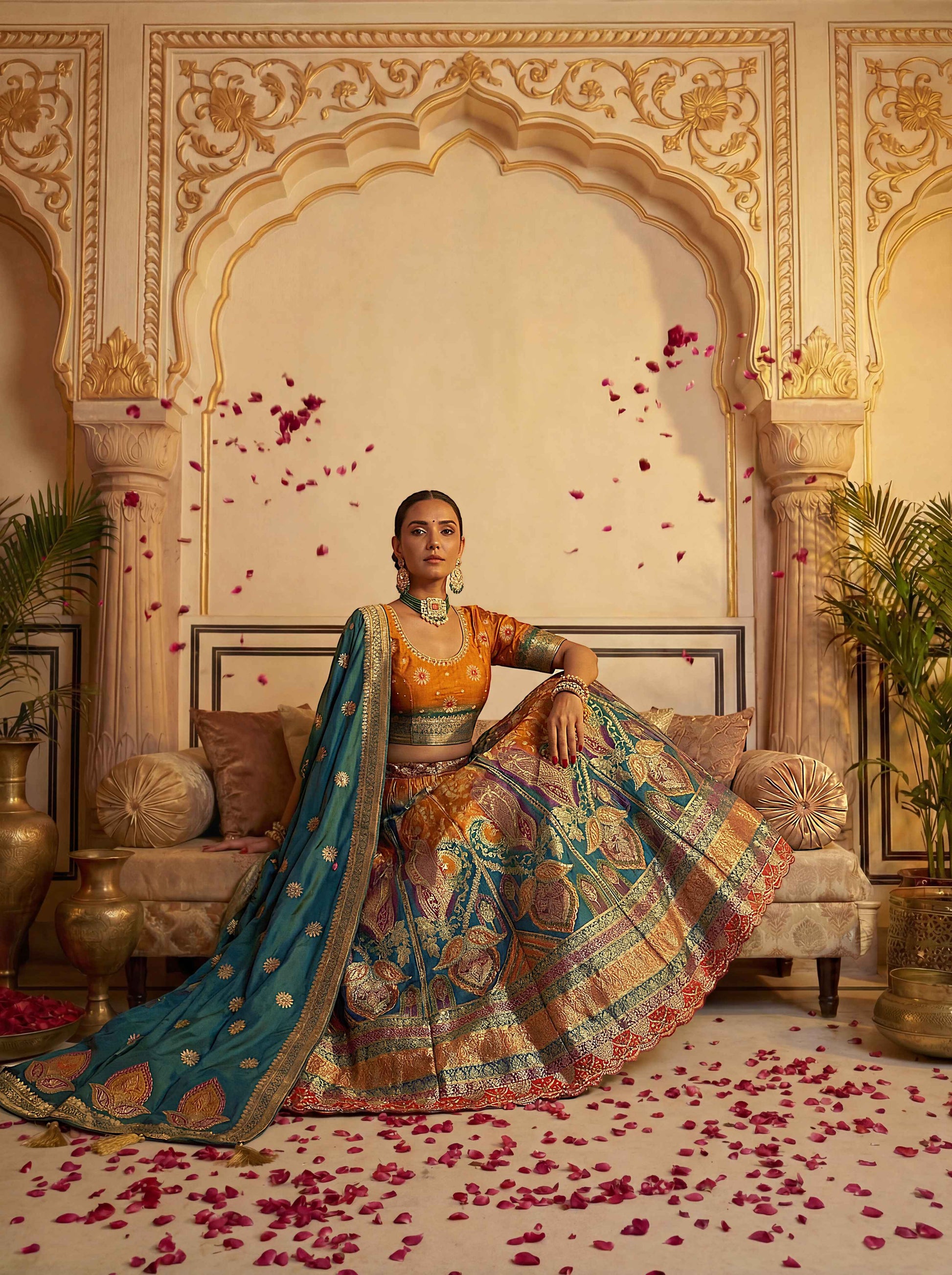 Premium Blue & Yellow Banarasi Silk Fabric Lehenga 1272 - Shopping World