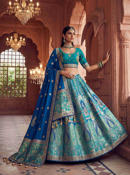Premium Blue Banarasi Silk Fabric Lehenga 1273 - Shopping World