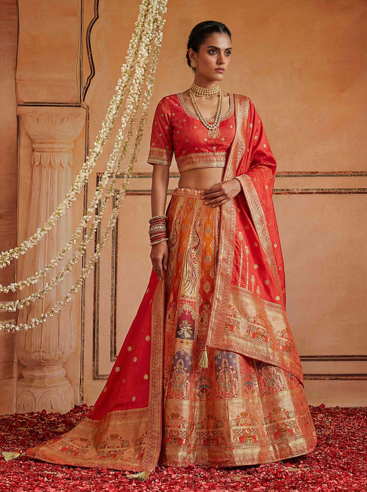 Premium Peach Banarasi Silk Fabric Lehenga 1274 - Shopping World
