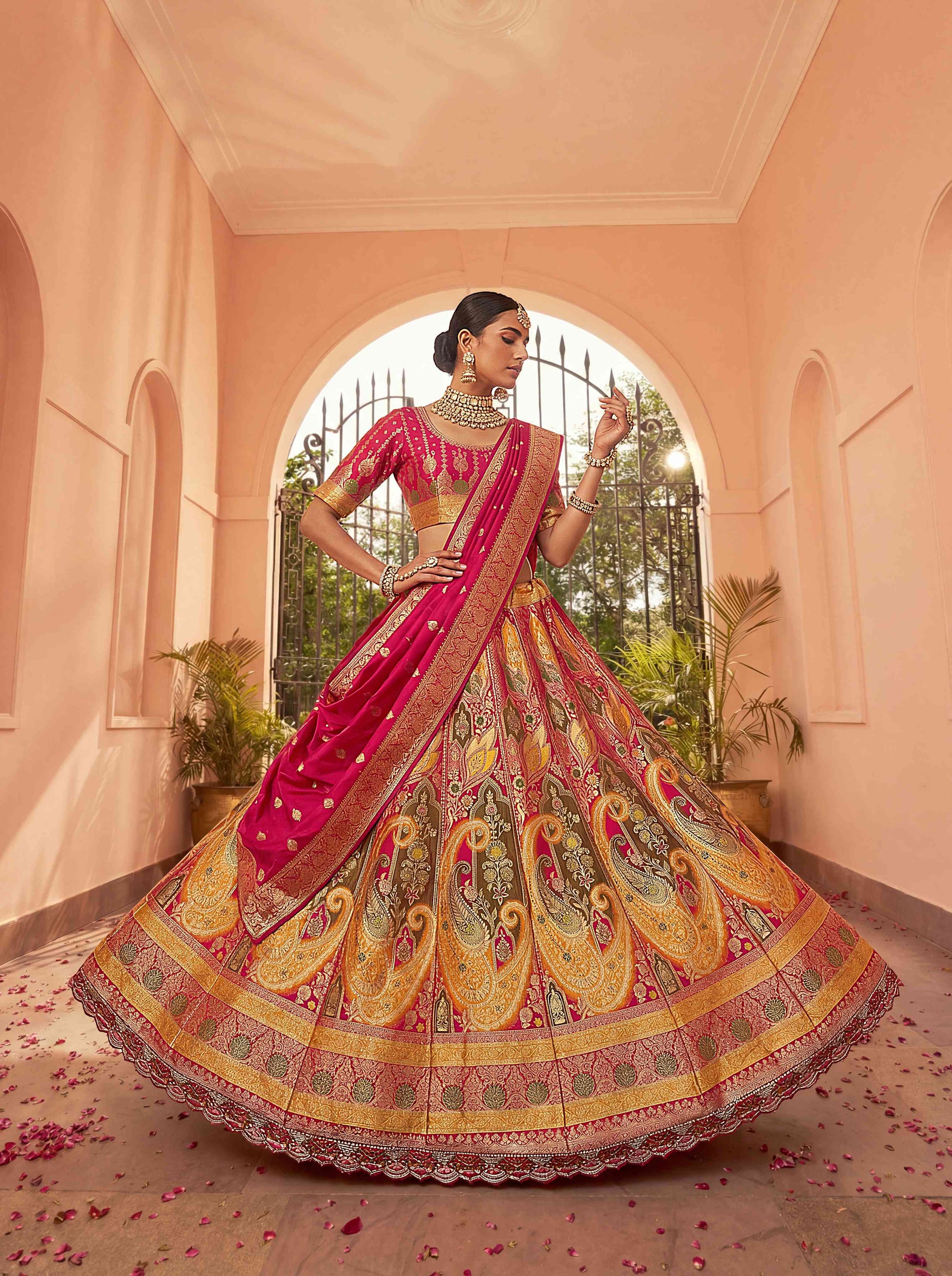 Premium Hot Pink Banarasi Silk Fabric Lehenga 1275 - Shopping World