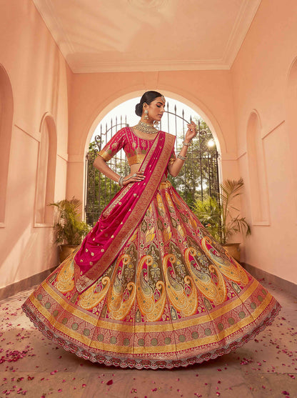 Premium Hot Pink Banarasi Silk Fabric Lehenga 1275 - Shopping World