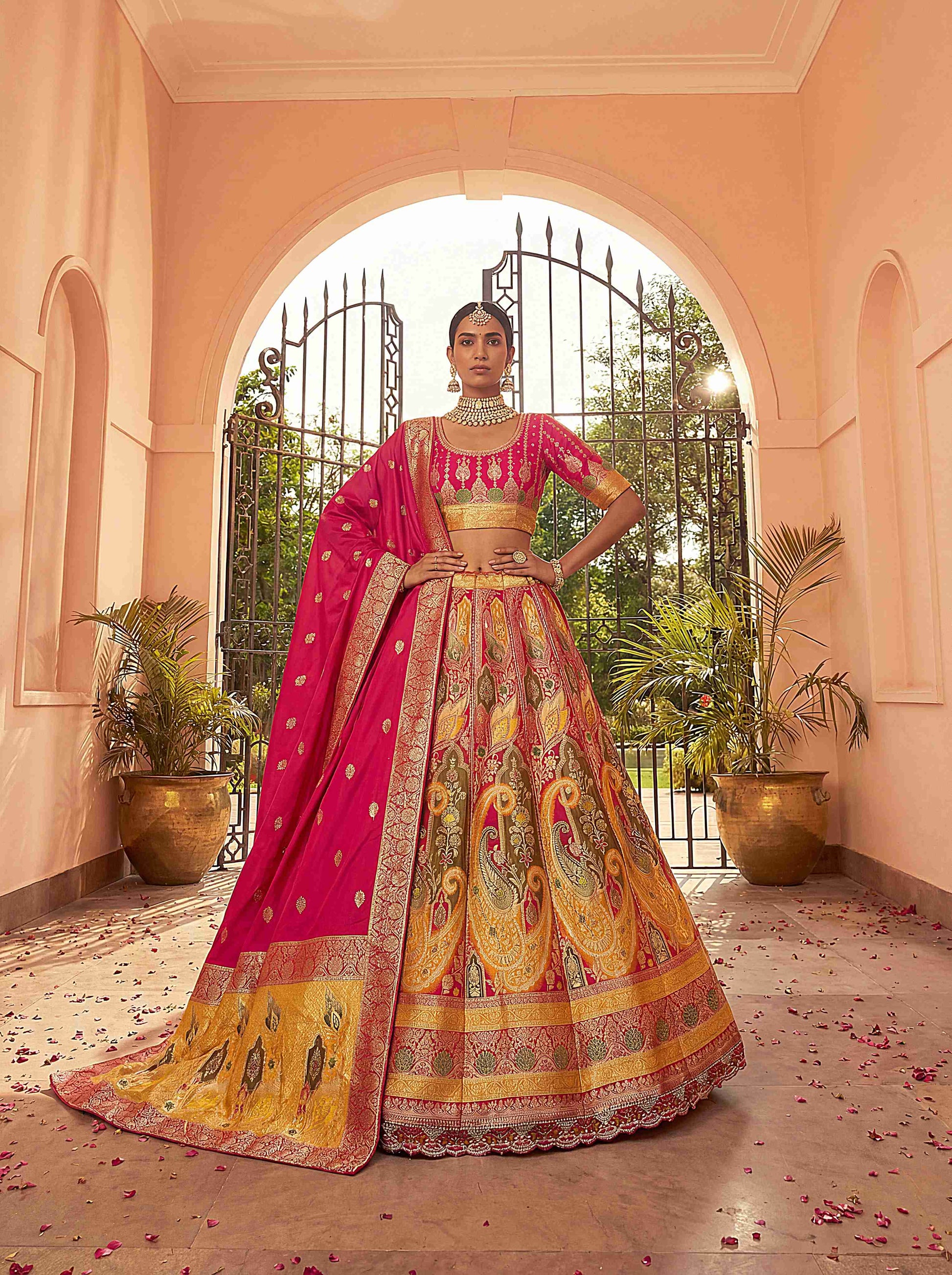 Premium Hot Pink Banarasi Silk Fabric Lehenga 1275 - Shopping World